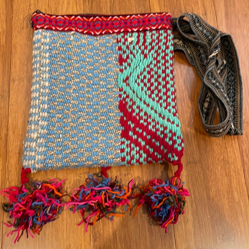 Handwoven Peruvian Sheep Wool Crossbody Handbag with Pom Poms